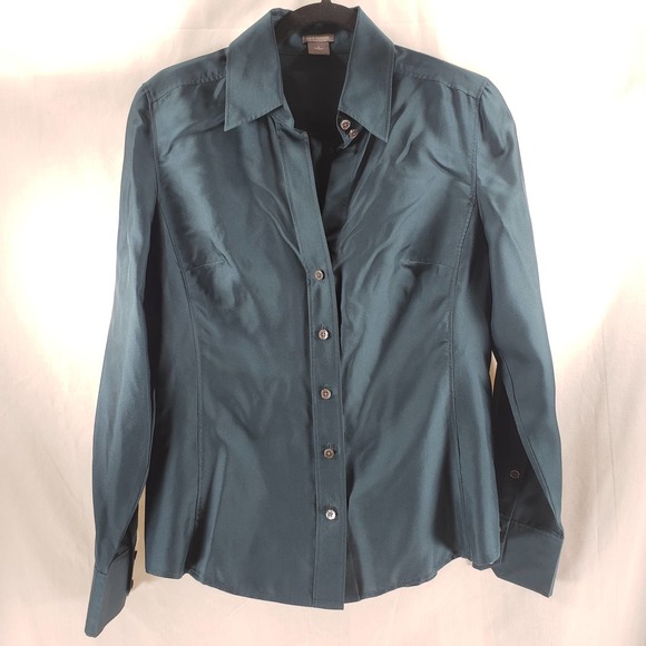 Ann Taylor Green Button-Down Size 8 Collared V-Neck Long Sleeve Blouse - Picture 1 of 4
